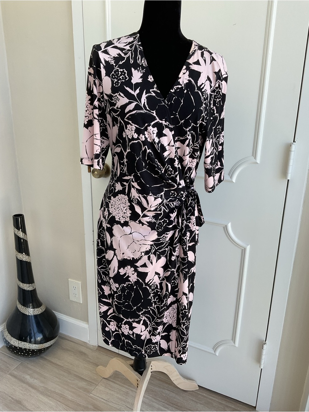 BLACK FLORAL PRINT DRESS WITH PALE PINK FLOWERS, SIZE 12